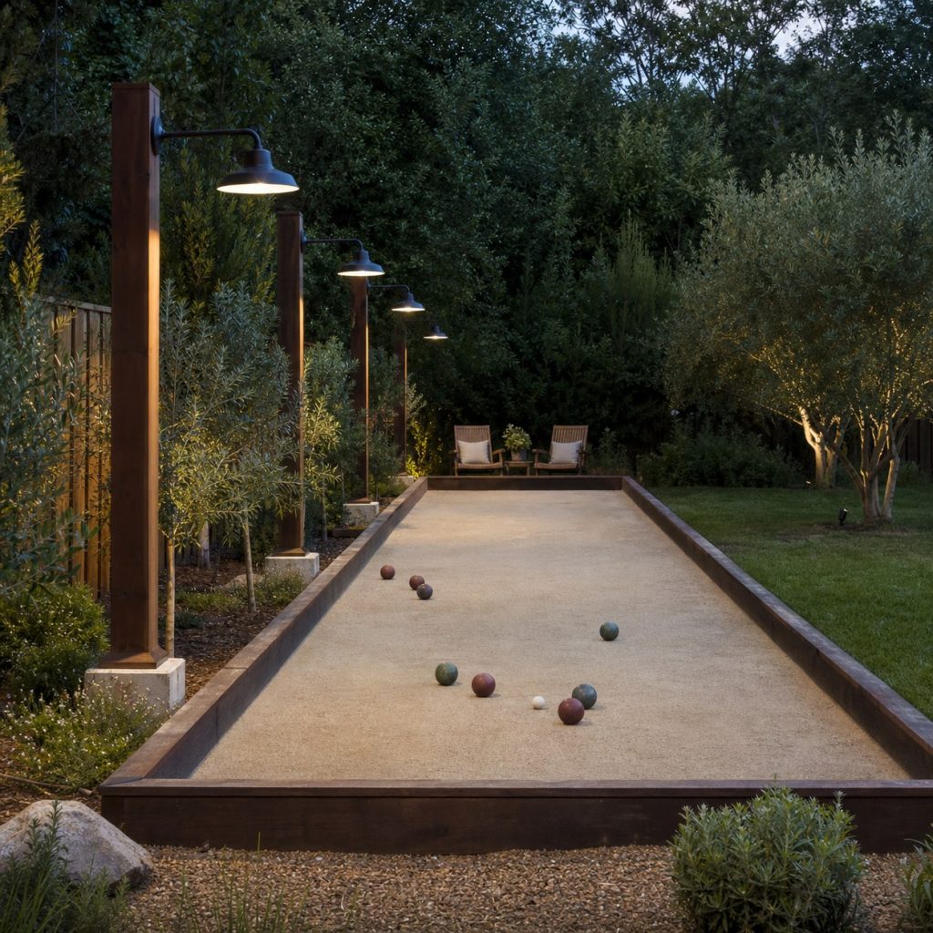 Bocce court under shielded downward backyard lighting at dusk
