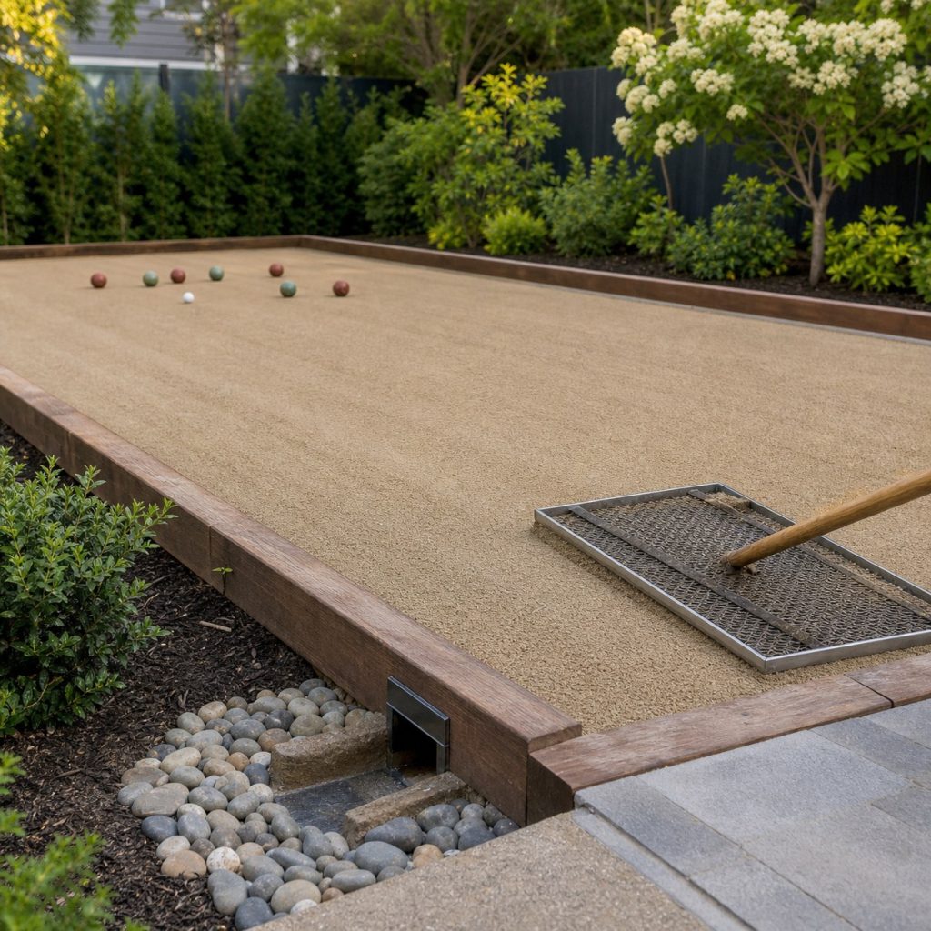 Bocce court being leveled with drag mat beside clear drain outlet