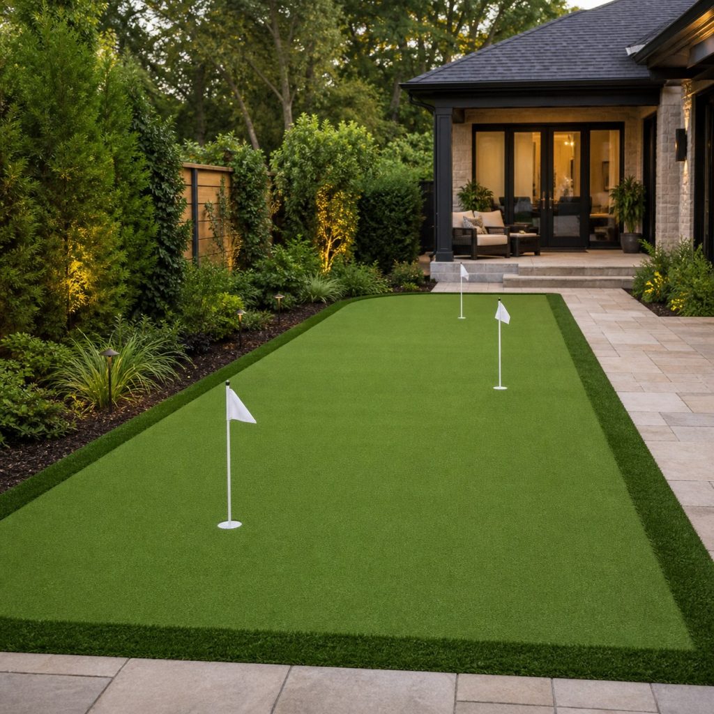 Rectangular backyard putting green with straight alignment putts