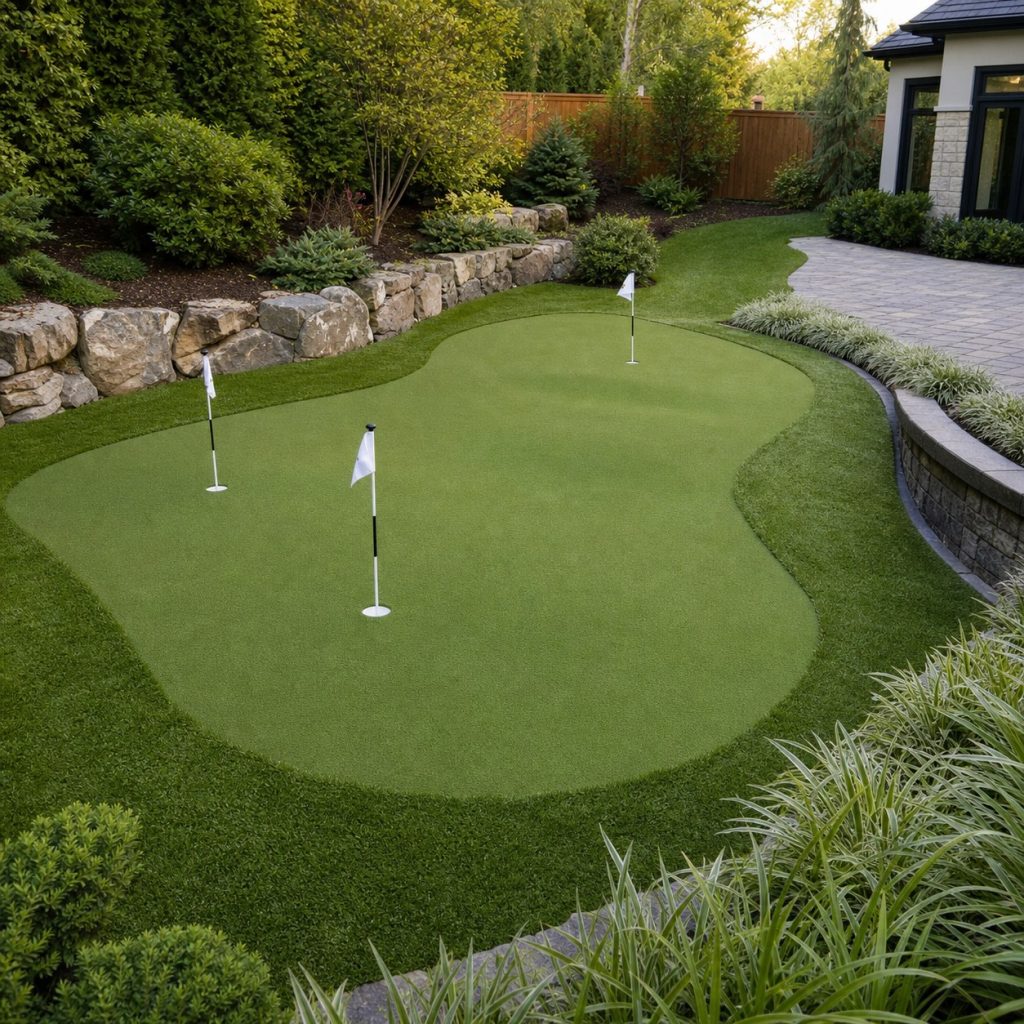 Backyard putting green with three cups and subtle broad contours
