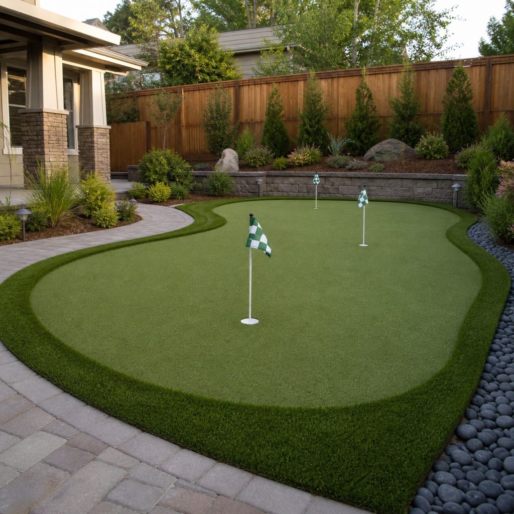 Installed synthetic backyard putting green with clean fringe and drainage