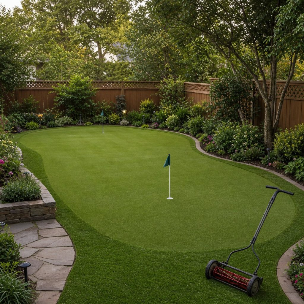Closely mown natural backyard putting green with reel mower nearby