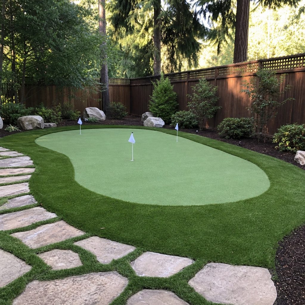 Putting green surrounded by broad contrasting short-game fringe