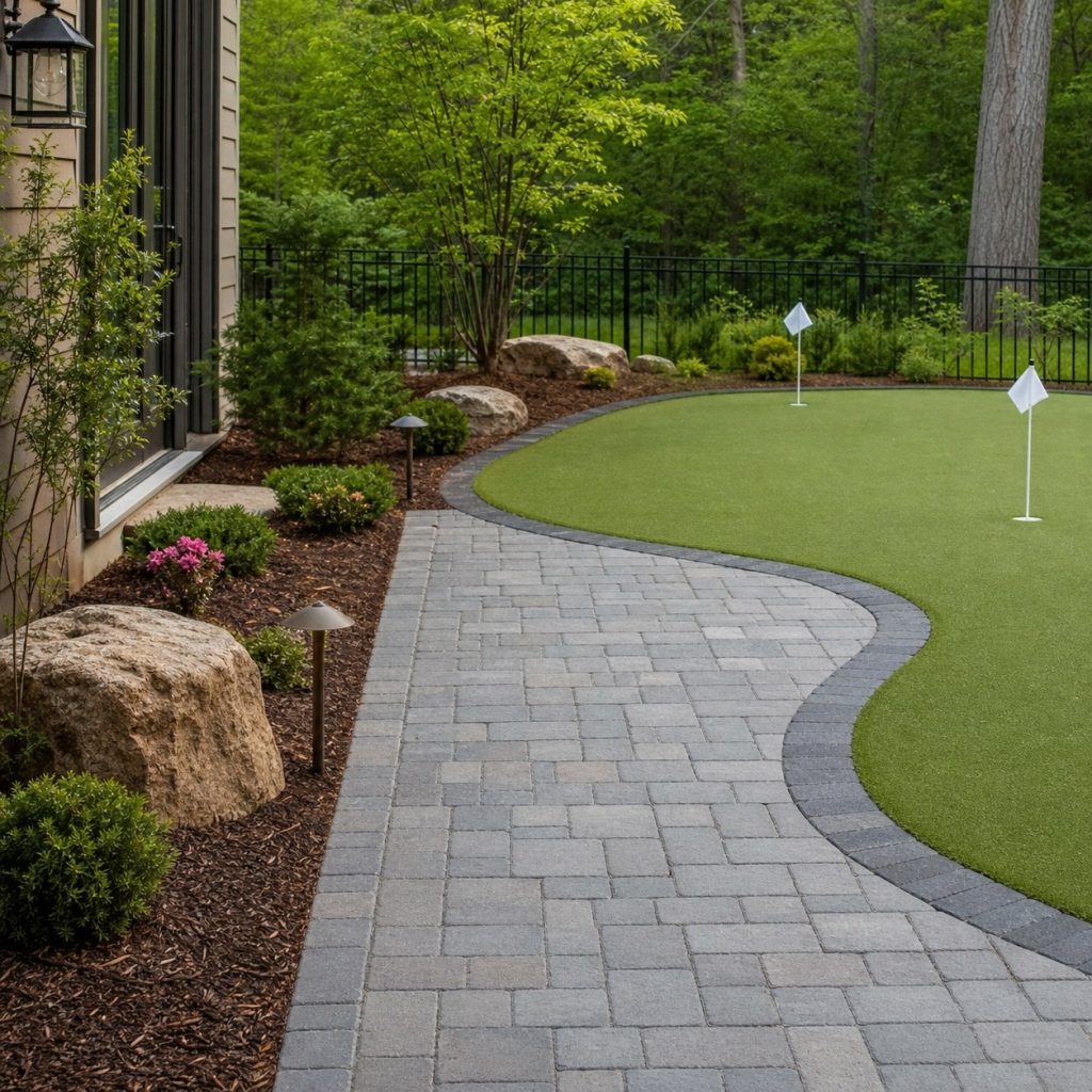 Firm level paver approach ending beside a backyard putting green