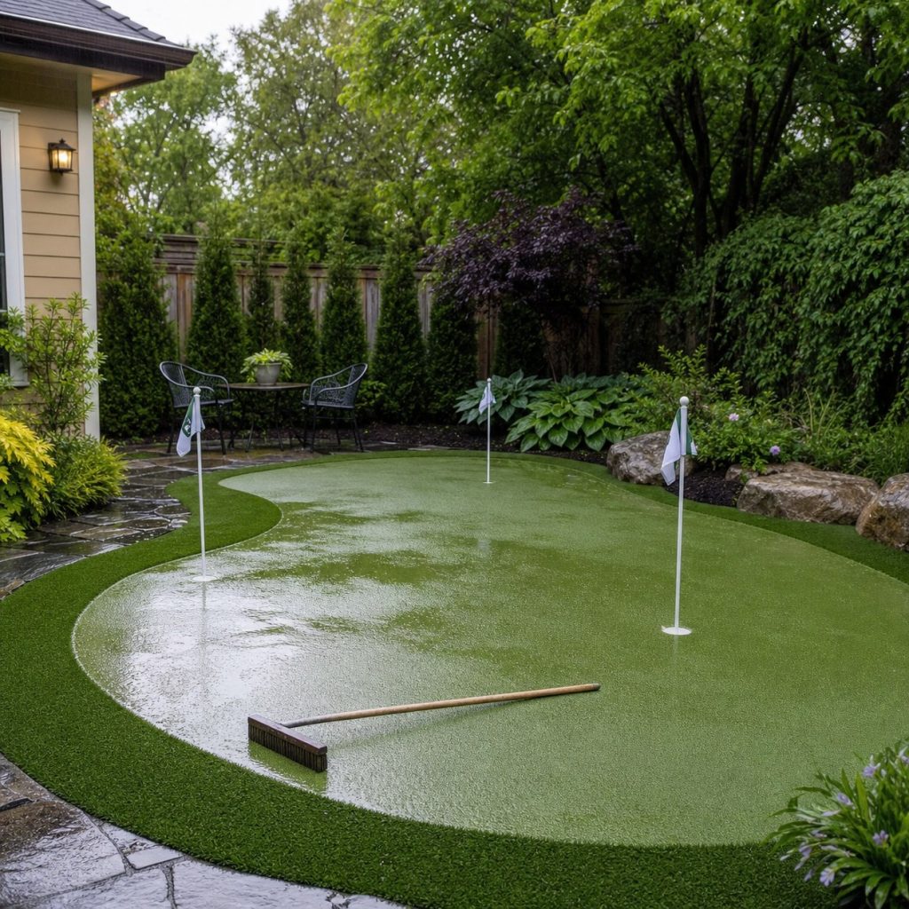 Backyard putting green being brushed and inspected after light rain
