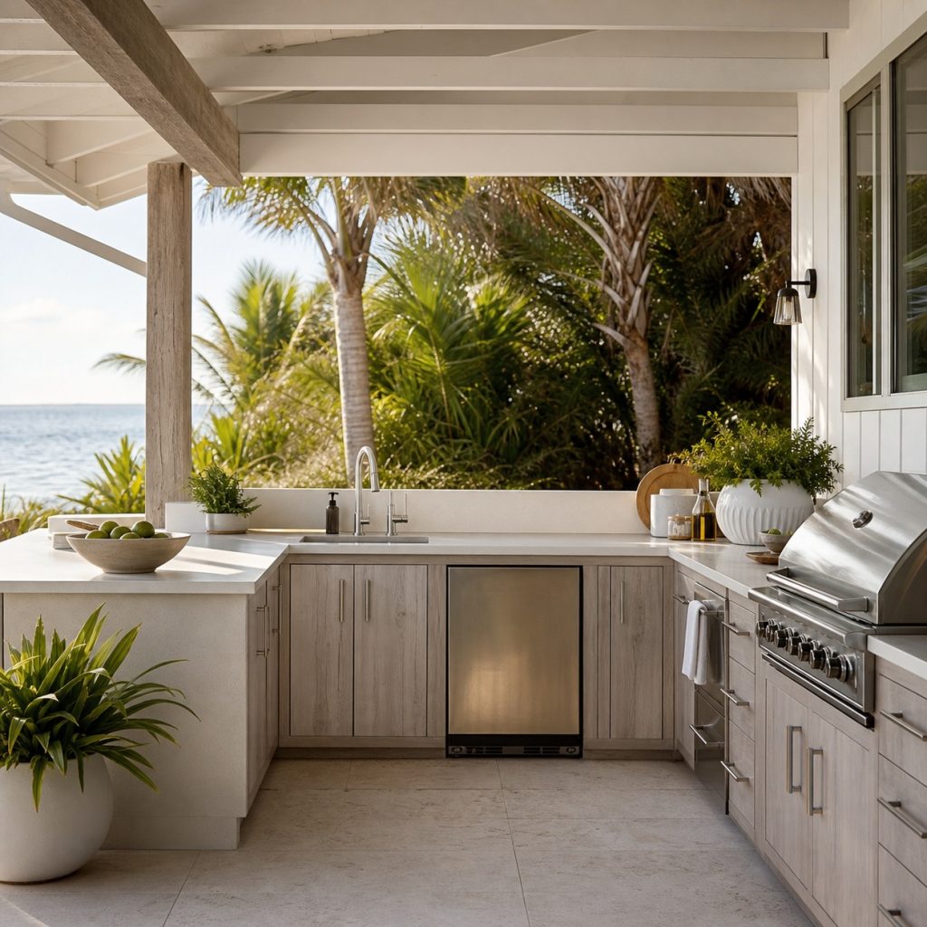 Covered coastal kitchen with pale weathered-wood cabinets and white counter