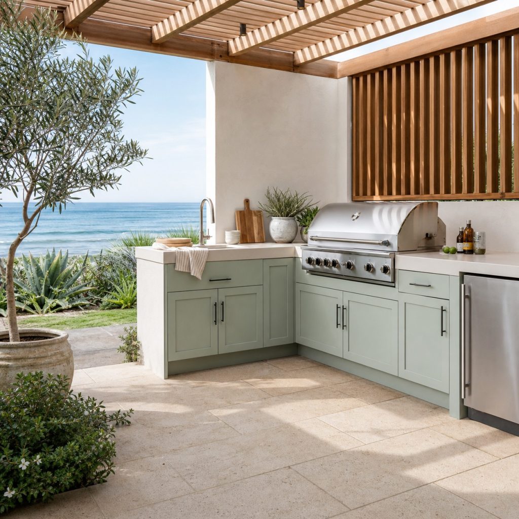 Coastal outdoor kitchen with sea-glass green cabinets and white stucco wall