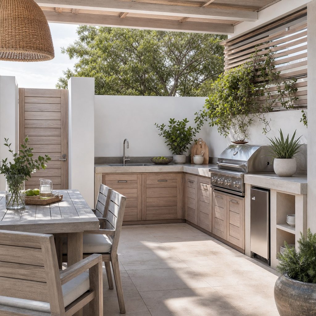 Compact coastal courtyard kitchen in warm white and driftwood tones