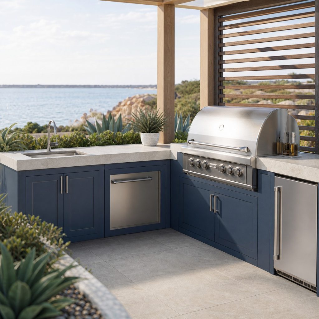 Coastal grill station with marine-blue cabinets and stainless appliances