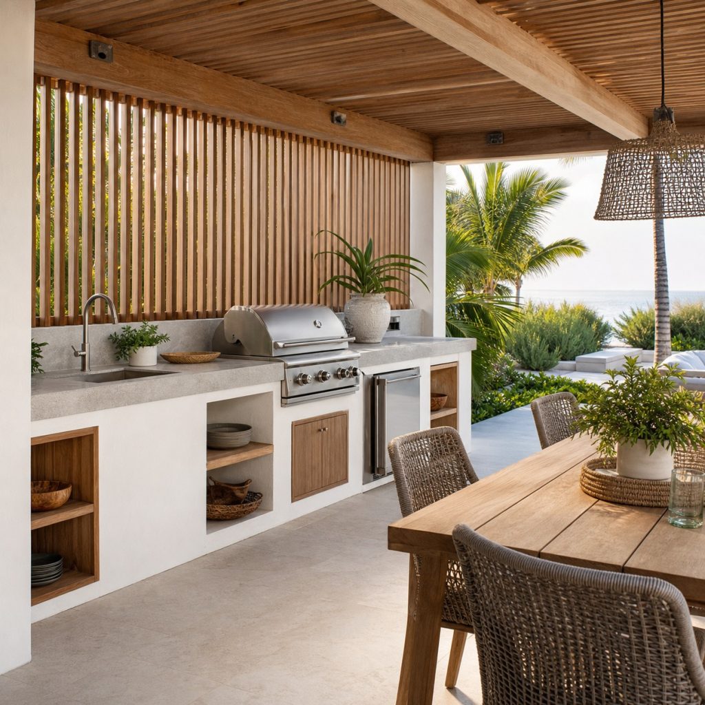 Covered seaside-style kitchen with light masonry and limestone-look counter