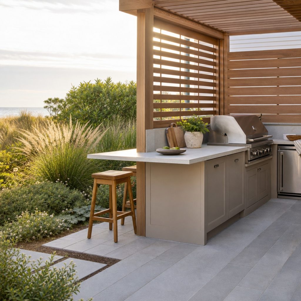Small coastal kitchen beside dune-inspired garden and pale paved pad