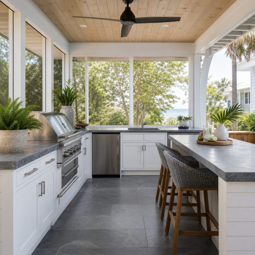 Screened coastal outdoor kitchen with pale wood ceiling and white cabinets