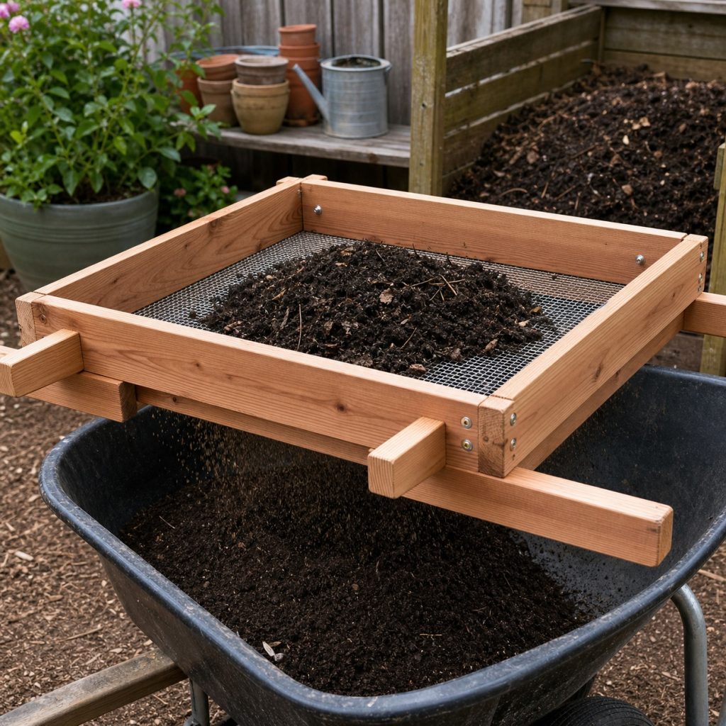 Wood compost sifter resting securely over a garden wheelbarrow