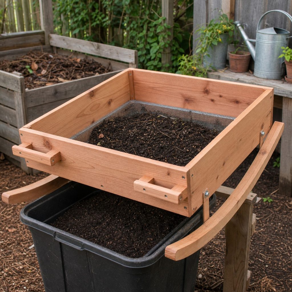 Wooden rocking compost sifter on curved rails over a collection bin