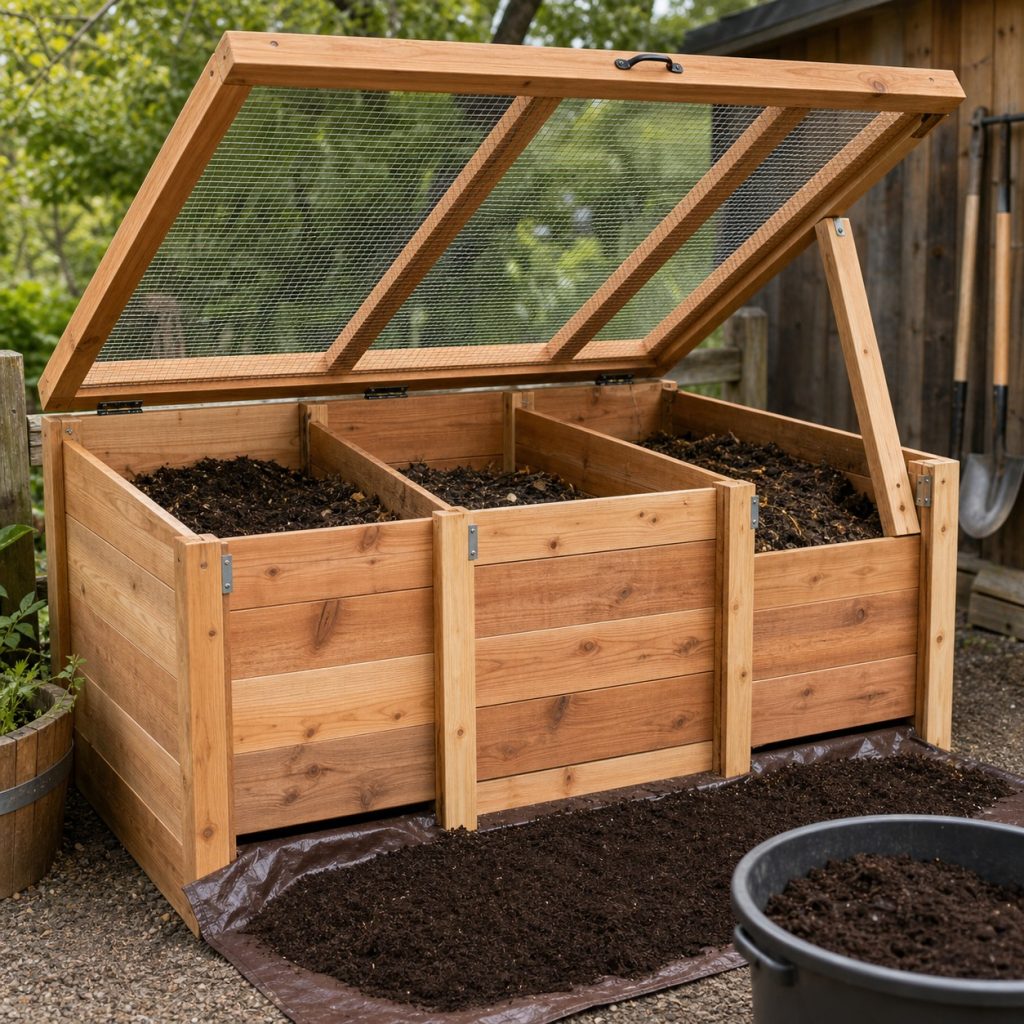 Hinged cedar compost screen over a three-bin compost system