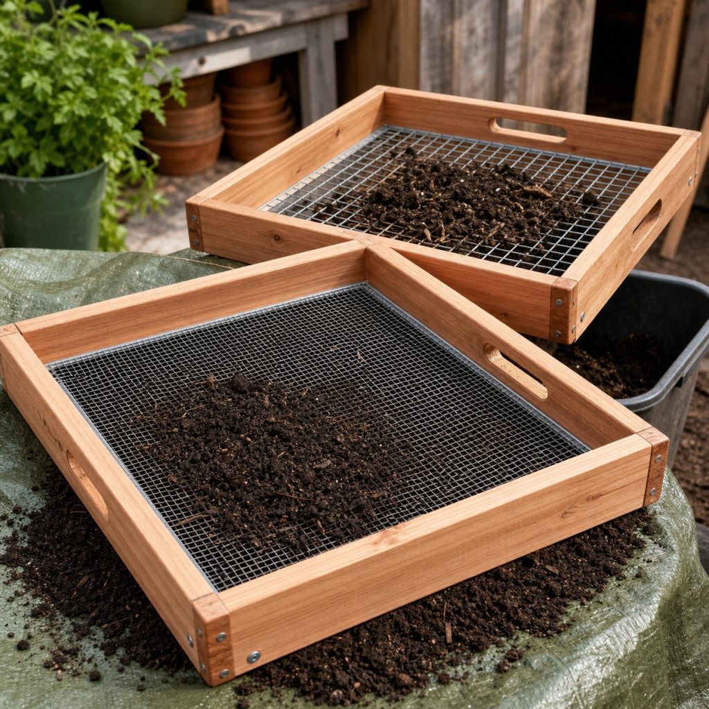 Pair of stackable wooden compost screens with different mesh sizes