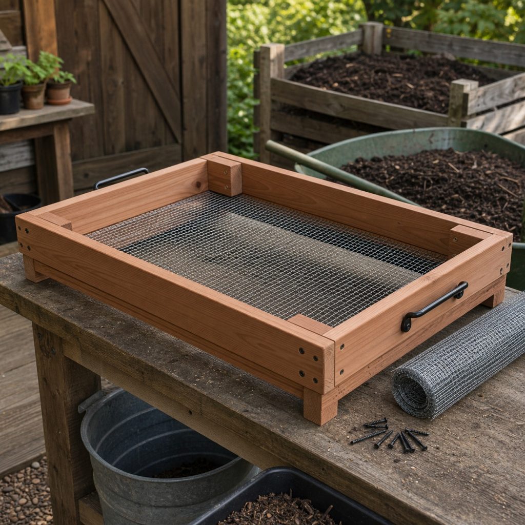 Cedar compost-sifter frame under assembly with mesh ready beside it