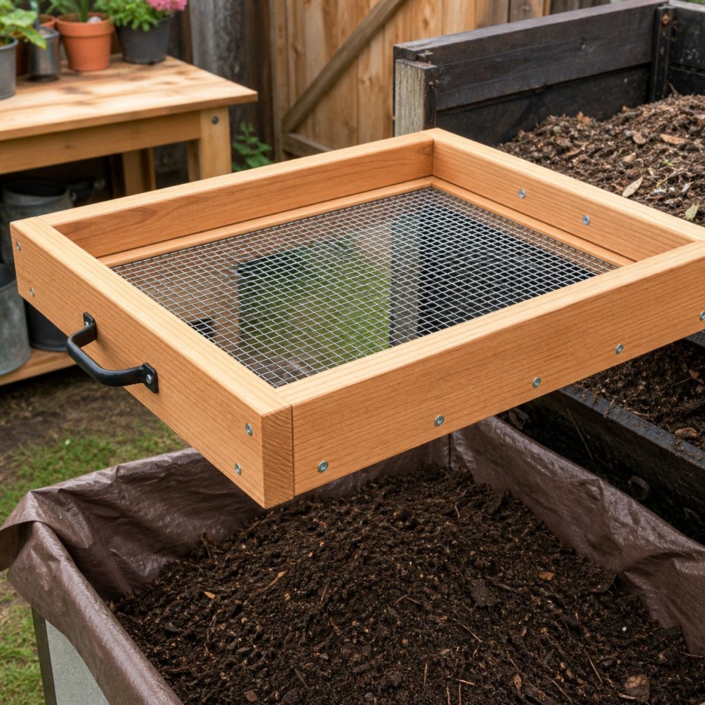 Underside of compost sifter with mesh clamped between wood frames