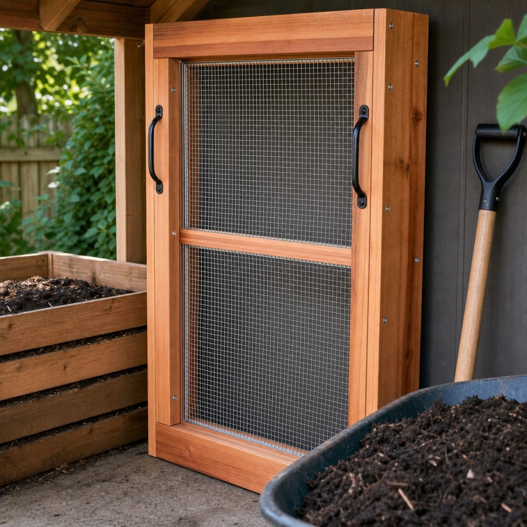 Clean cedar compost sifter stored vertically beneath a shed overhang