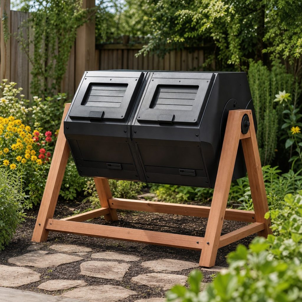 Two-chamber compost tumbler on a sturdy cedar frame in a garden