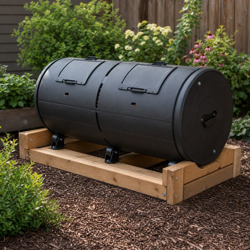 Horizontal compost drum resting on four rollers in a low wooden cradle