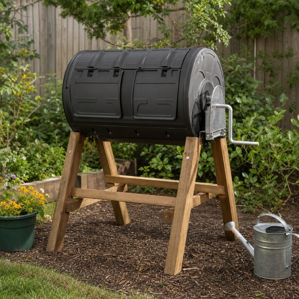 Garden compost tumbler with guarded metal crank and stable wooden stand
