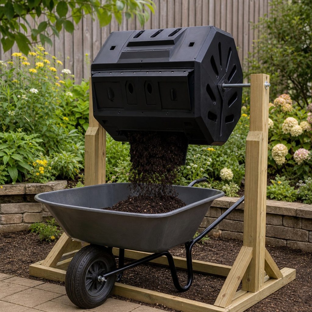Elevated compost tumbler dispensing finished compost into a wheelbarrow