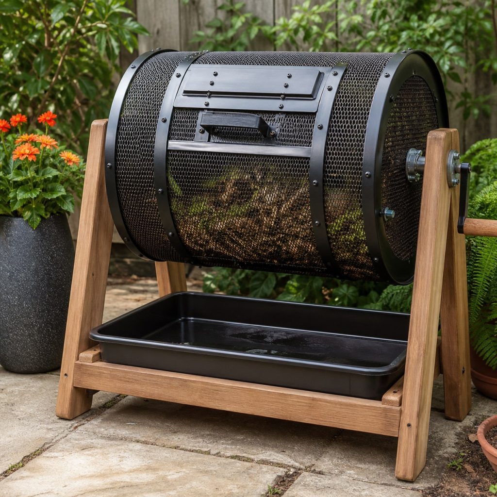 Close view of screened compost tumbler vents and a controlled drain tray
