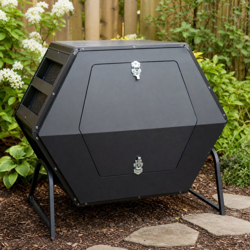 Compost tumbler hatch with overlapping edges and two secure latches