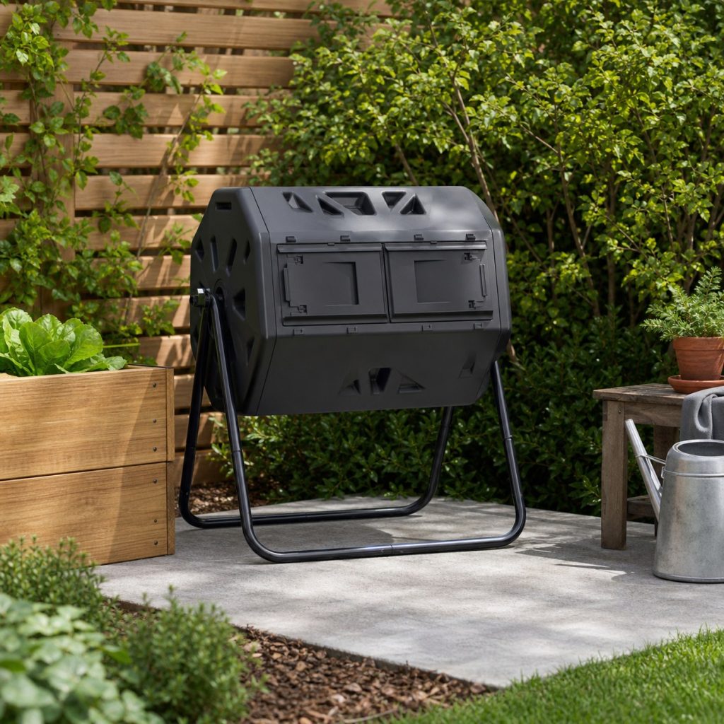 Locked compost tumbler with clear hand space and clean service area