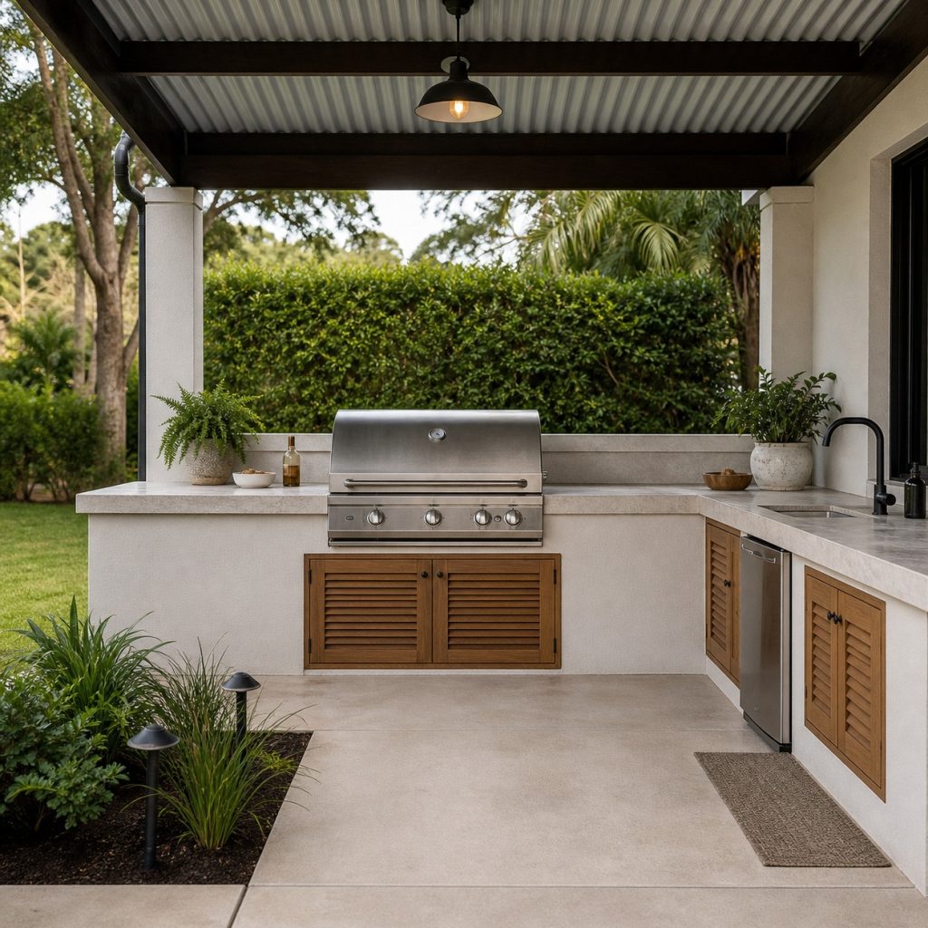 Concrete-block outdoor kitchen with refined stucco finish and stone counter