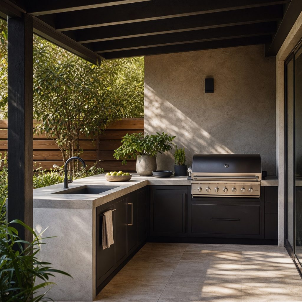 Modern outdoor kitchen with lightly polished concrete countertop on dark cabinets