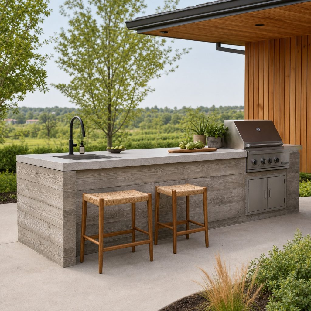 Board-formed concrete outdoor island with wood-grain texture and smooth top