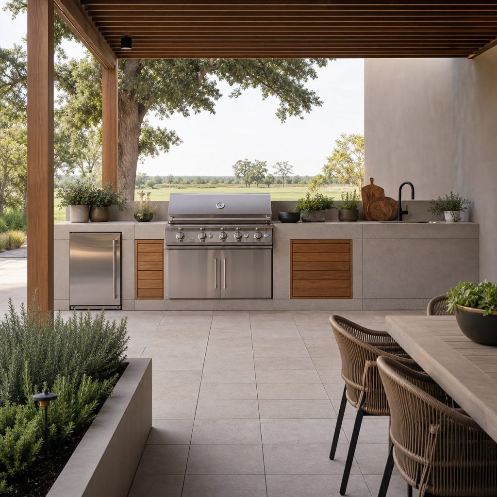 Outdoor kitchen assembled from precast concrete modules with deliberate joints