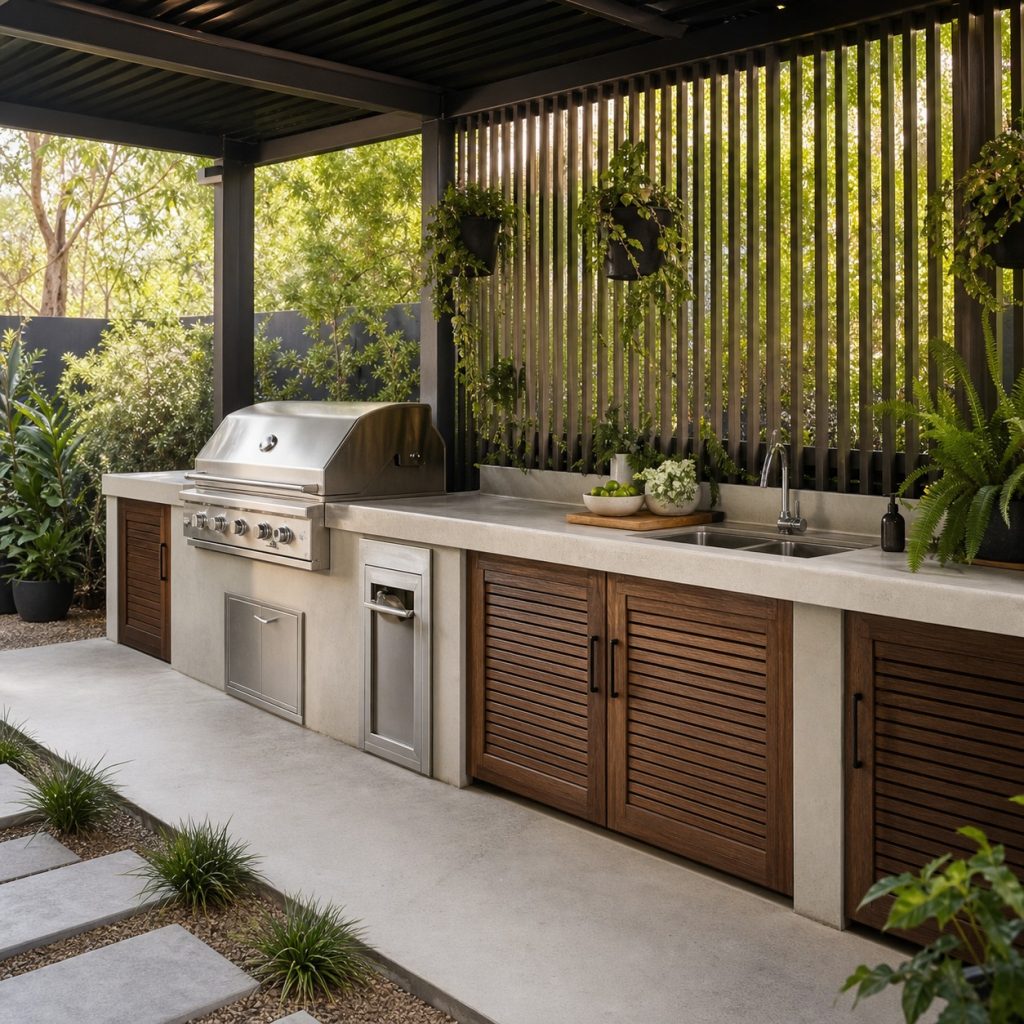 Concrete outdoor kitchen softened by wood cabinet doors away from heat