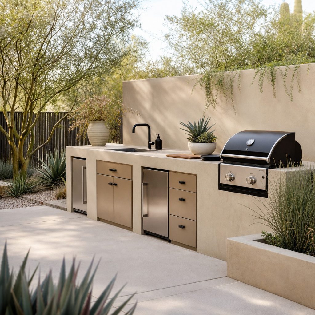 Sandy beige concrete outdoor kitchen with dark fixtures and desert planting