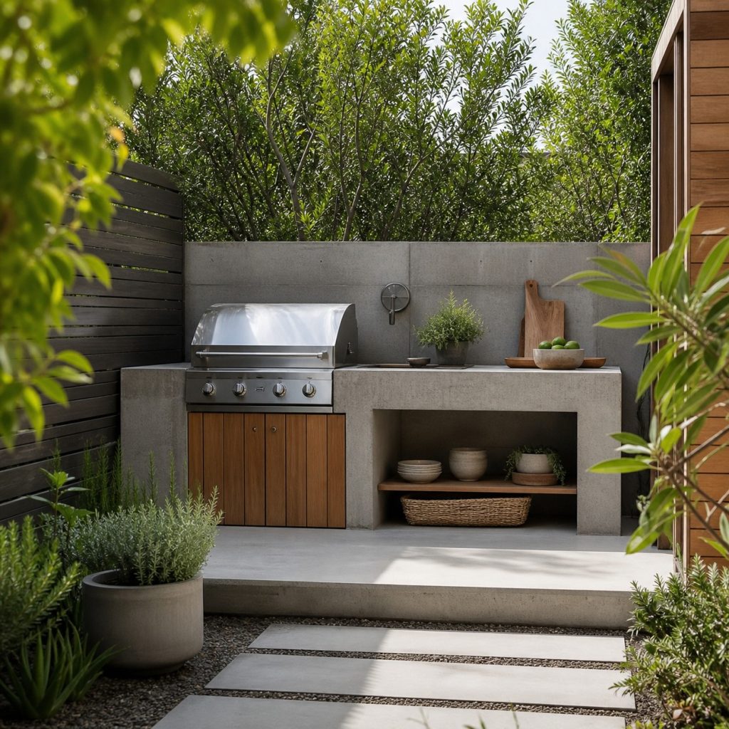Compact concrete outdoor kitchen with short grill counter and storage niche