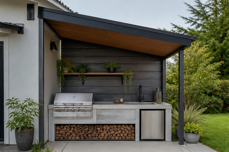 Compact covered outdoor kitchen with mono-slope metal roof and timber screen