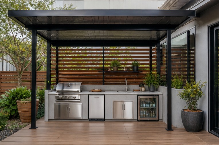 Steel-framed covered outdoor kitchen with vertical wood privacy slats