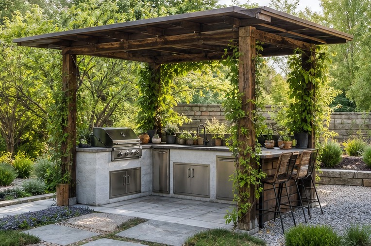 Covered garden kitchen with wood posts and climbing plants