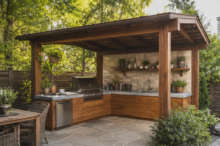 L-shaped covered outdoor kitchen beneath open metal eaves
