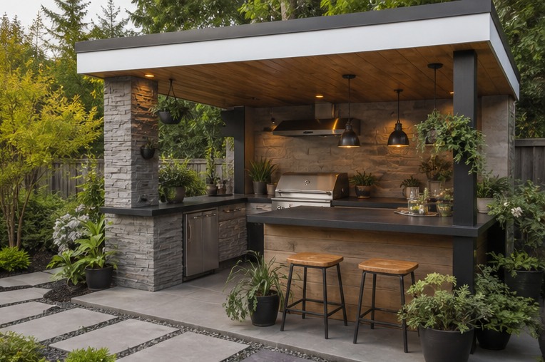 Covered outdoor kitchen combining masonry counters and warm timber posts