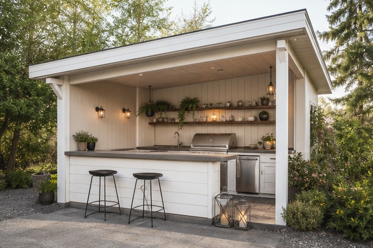 Covered outdoor kitchen with two stools at a sheltered bar