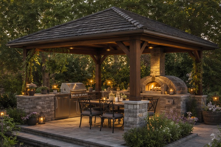 Covered outdoor kitchen pavilion with warm ceiling lights in a garden