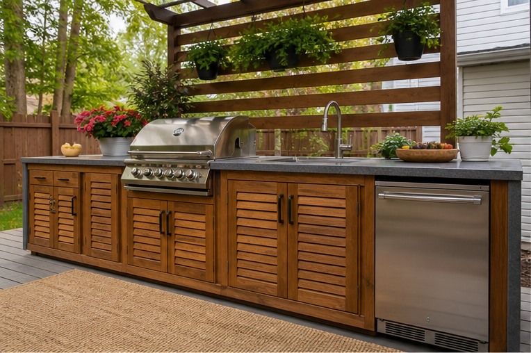 Outdoor kitchen cabinets with louvered wood doors beneath stone counter