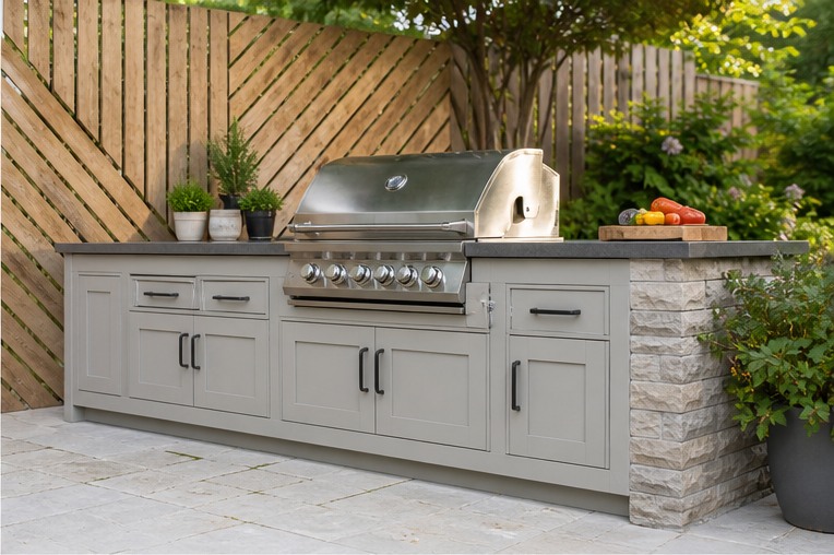 Pale outdoor polymer cabinets with drawers beside a grill