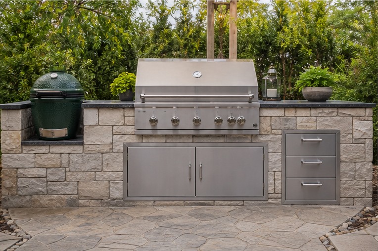 Outdoor masonry kitchen with stainless access doors and refrigerator