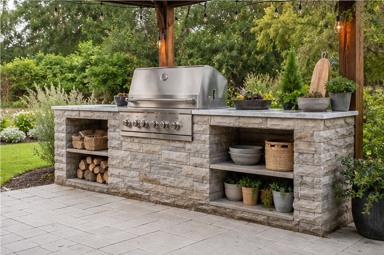 Rendered masonry outdoor counter with open storage niches