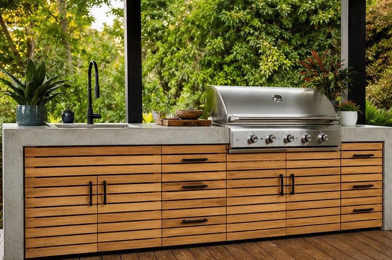 Outdoor kitchen with horizontal slatted timber cabinet fronts