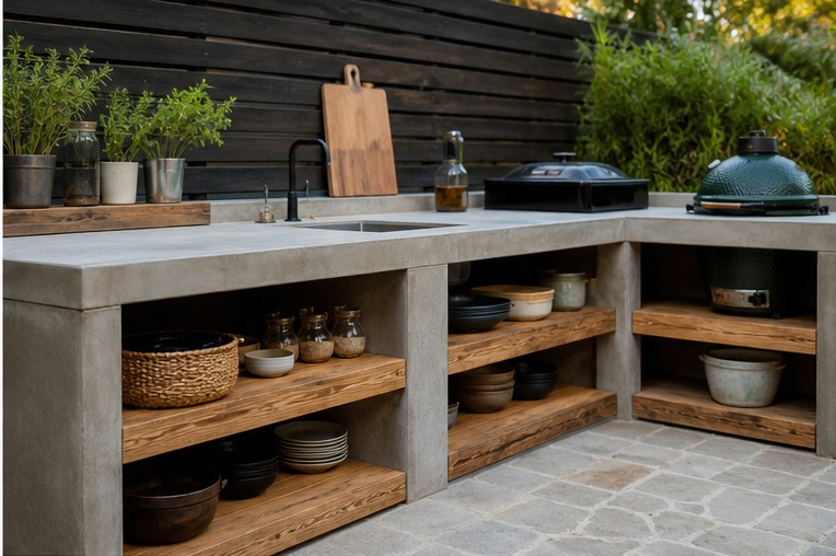 Outdoor masonry counter with removable wood shelves and compact refrigerator